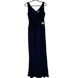 Anne Klein Navy Blue‎ Pants Jumpsuit with gold logo buckle. Size 10